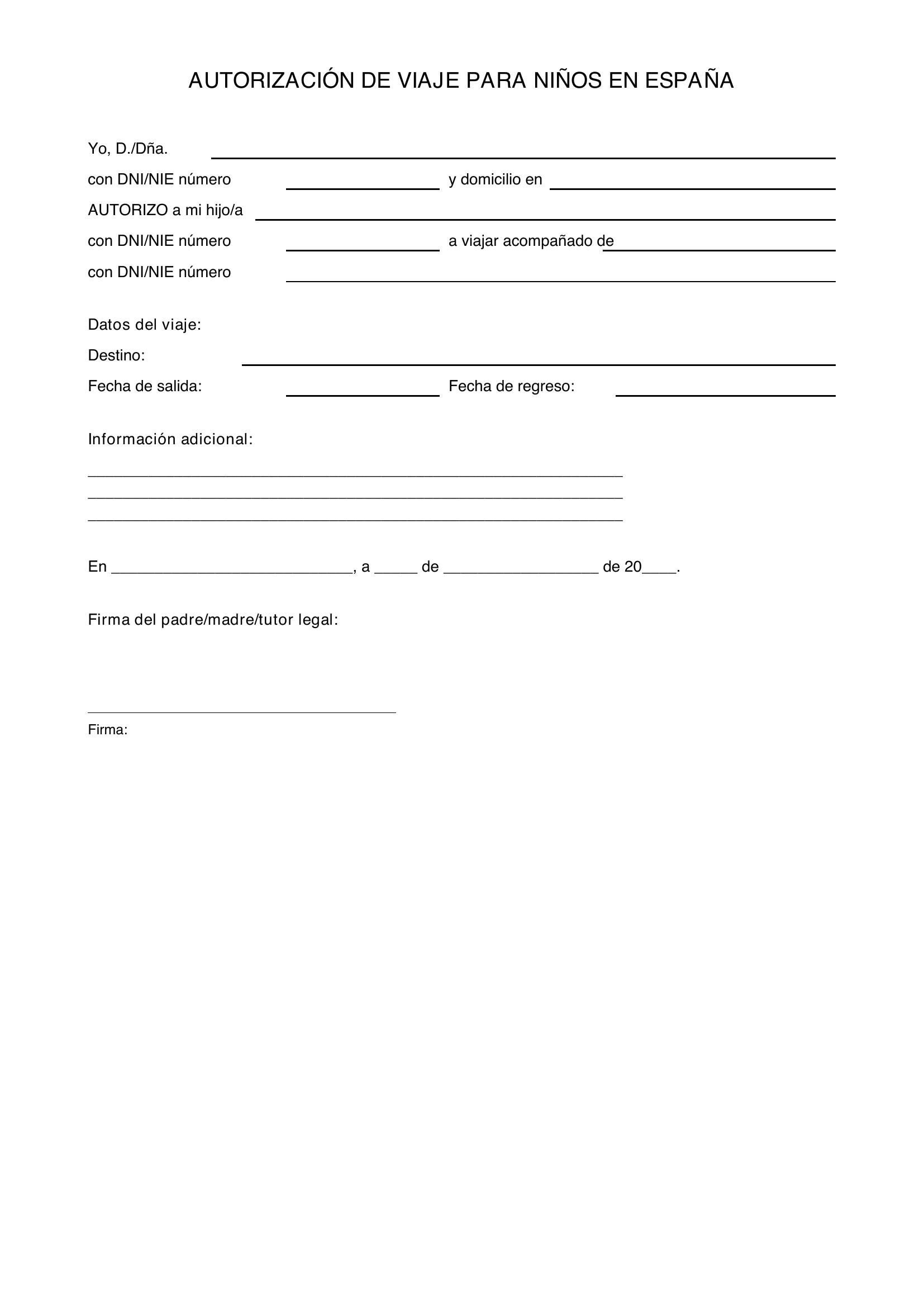 Modelo De Autorización De Viaje Para Niños En España