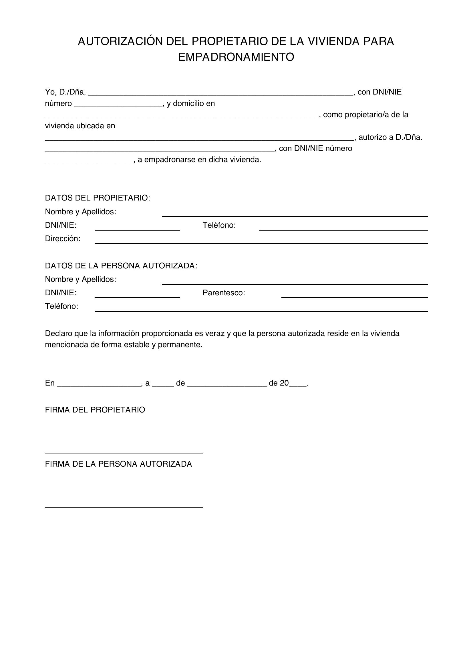Modelo De Autorización Del Propietario De La Vivienda Para Empadronamiento