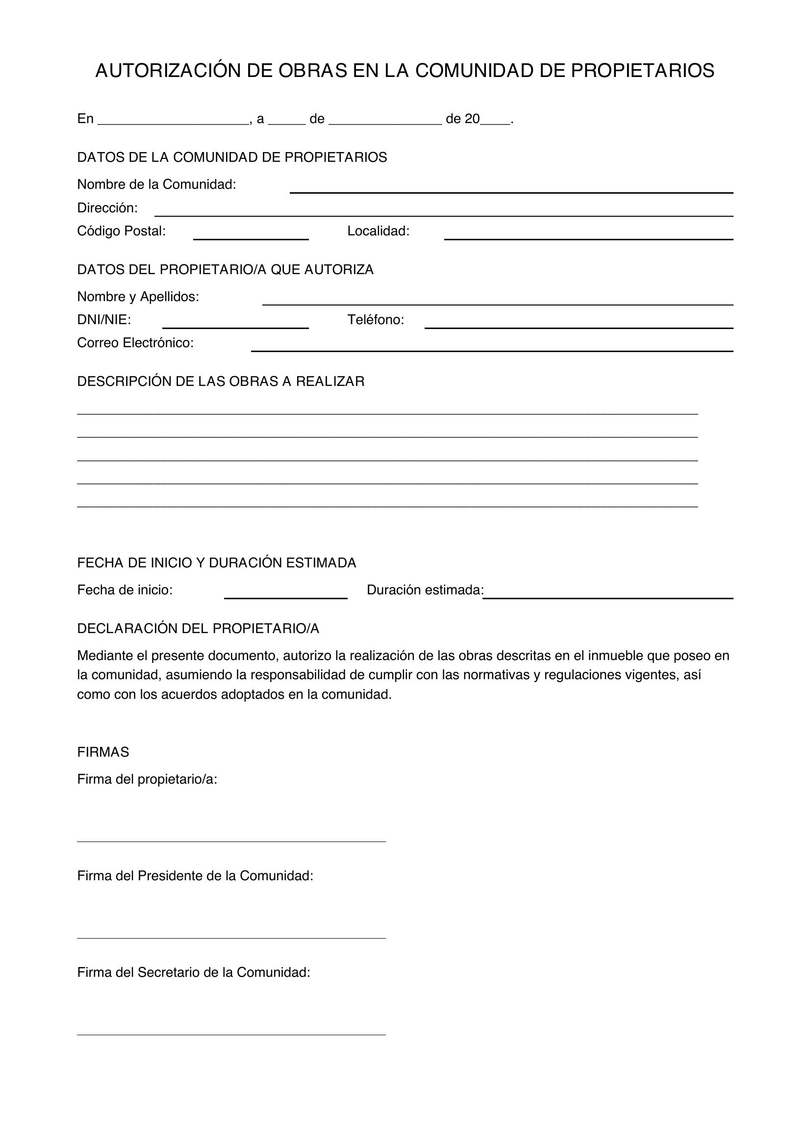 Modelo Autorización Obras Comunidad Propietarios