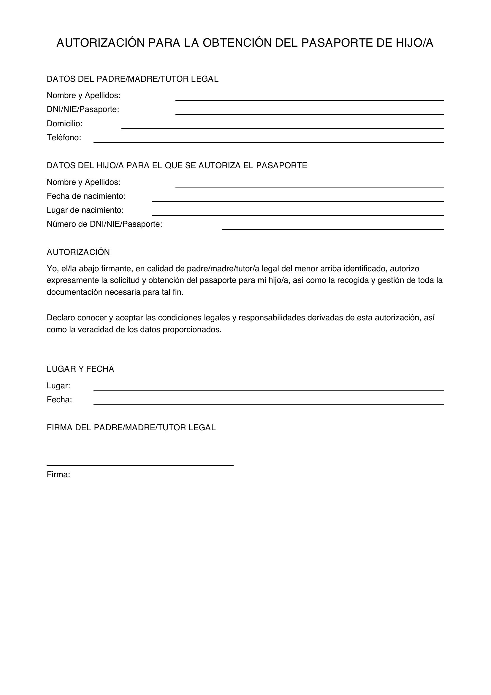Modelo Autorización Pasaporte Hijo