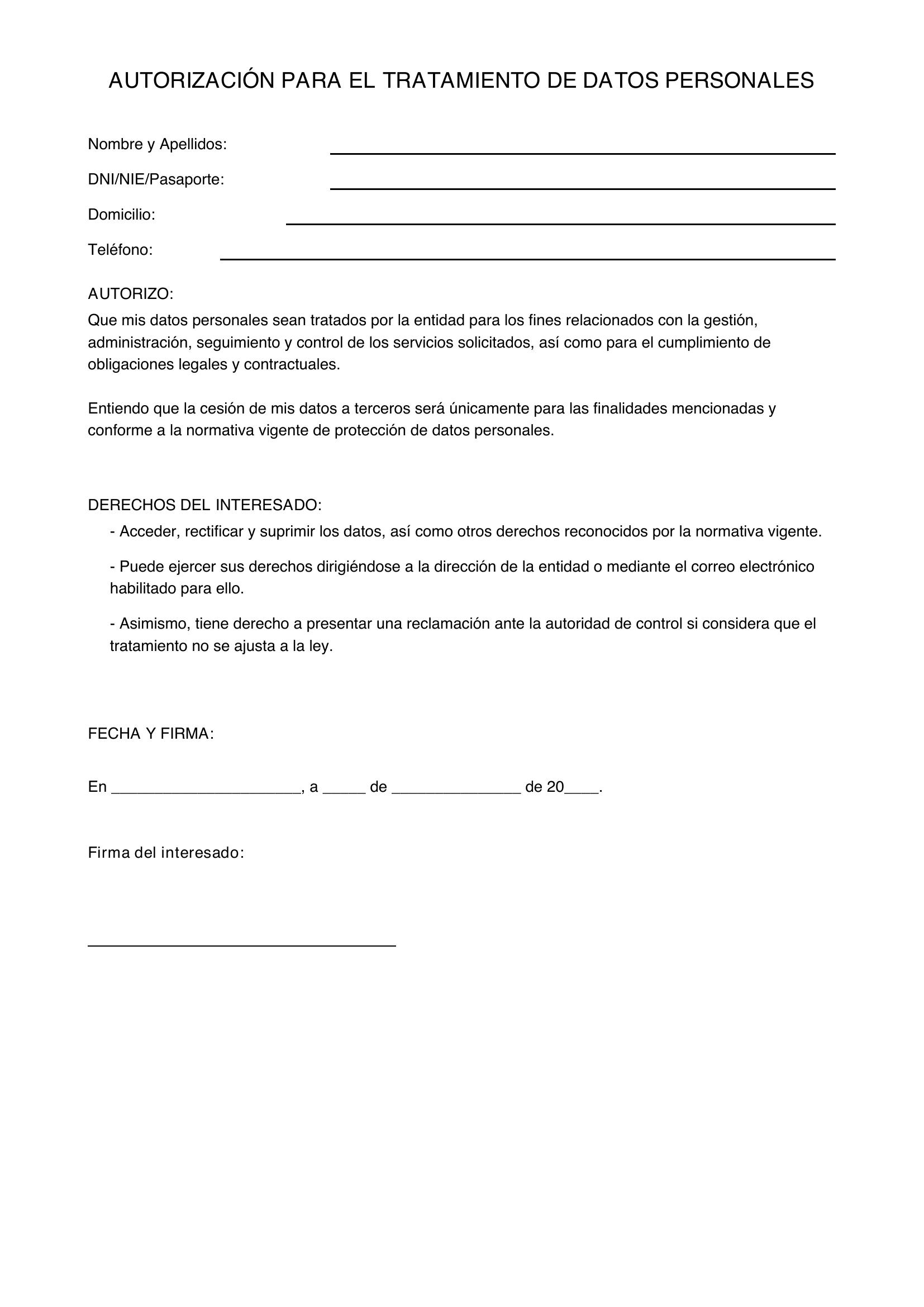 Modelo Autorización Tratamiento De Datos Personales