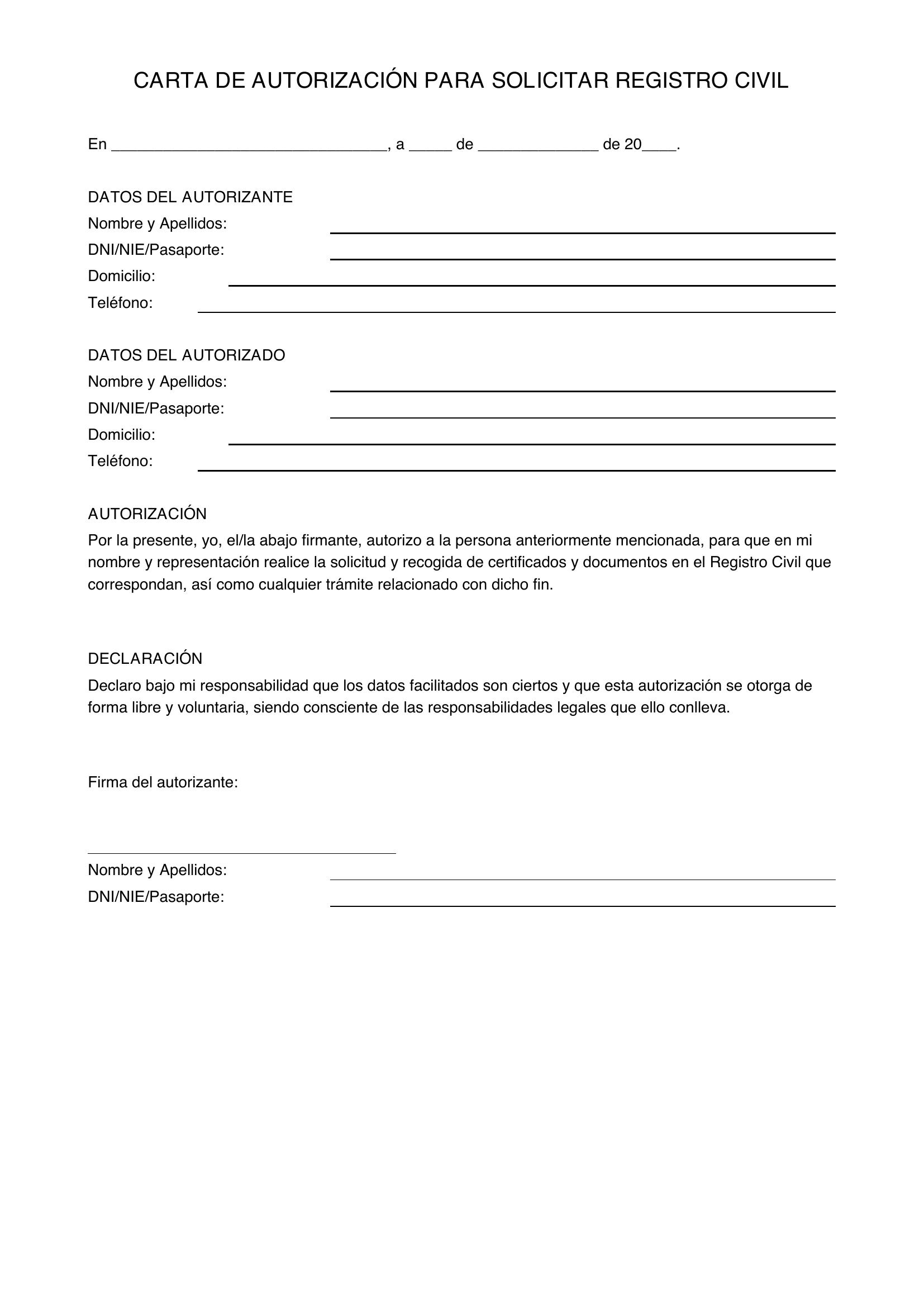Modelo De Carta De Autorización Para Solicitar Registro Civil